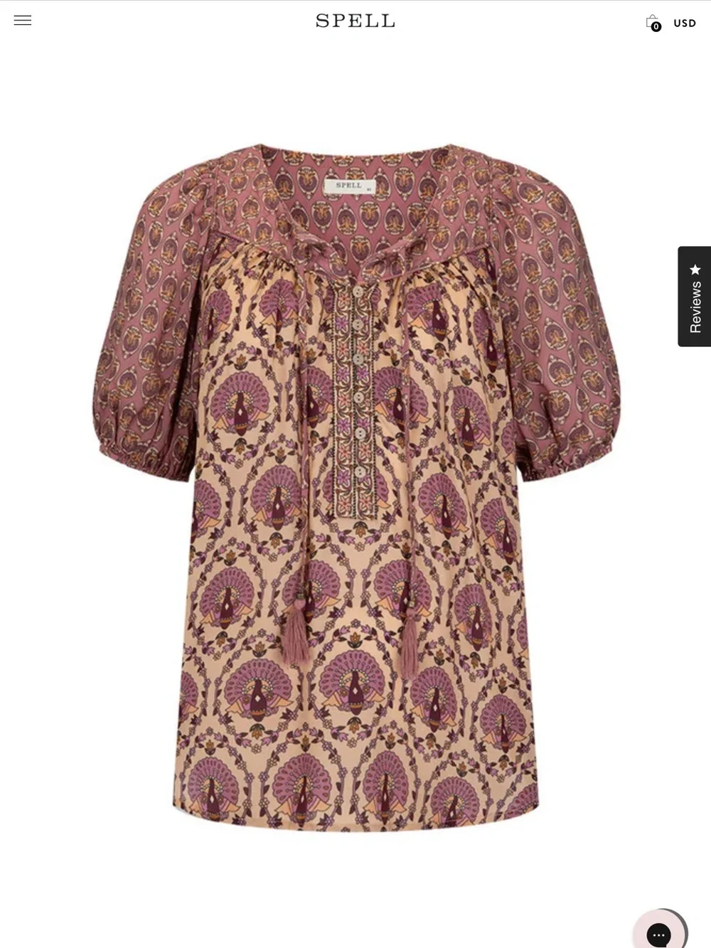 Spell Printed Peasant Blouse in Mauve and Cream